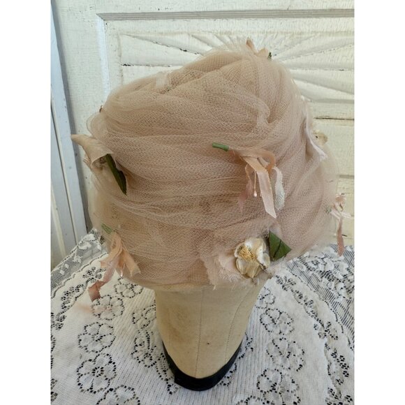 Vintage 40\'s Net/Tulle/flower Turban Style Hat Beige main image 7